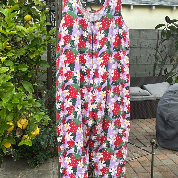 Nooworks Garden Suit Berries strawberry print floral linen jumpsuit XS - Picture 2 of 6